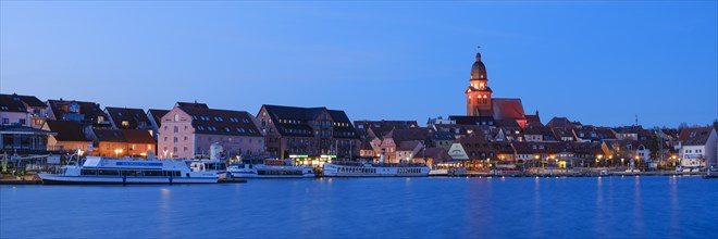 Town view of Lake Mueritz with St Mary's Church, Blue Hour, Waren, Mueritz, Mecklenburg Lake