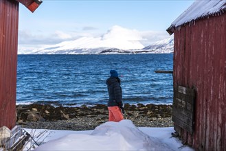 A person looks at the sea between two huts, surrounded by snow-capped mountains, Norway, Europe