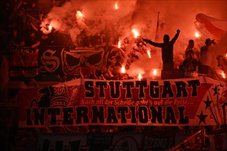 Bengalos, pyrotechnics, pyro, fireworks, fan block VfB Stuttgart, banner VfB Stuttgart