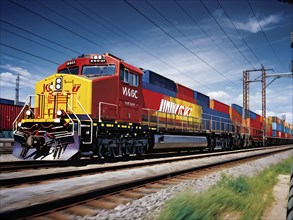 High speed freight train blazing through with vibrant inter modal container, AI generated