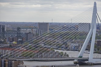 Modern rope bridge crosses the river, connecting urban areas of the city with a picturesque
