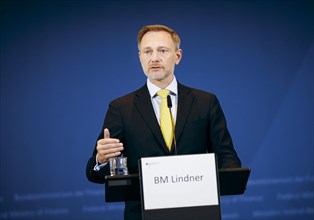 Christian Lindner (FDP), Federal Minister of Finance, photographed during a press conference on tax