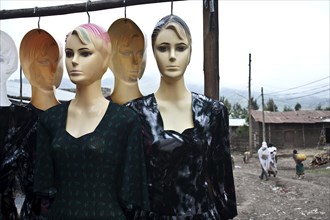 Shop mannequins outside of a shop selling clothing for local women, Tigray state, Ethiopia, Africa
