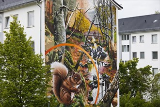 Artistic facade design on a block of flats, street art, graffiti artist BeNeR1, Hanover, Lower