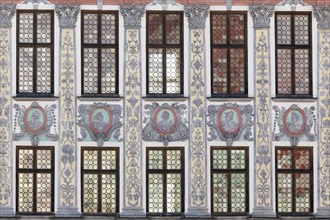 Detail of the historic town hall with a magnificent rococo facade on the main square, Landsberg am