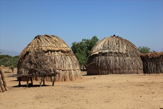 South Ethiopia, in a village of the Arbore or Erbore people at Lake Stefano, round huts, houses of