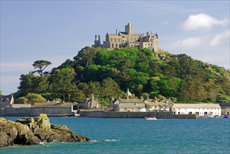 Tidal island with castle, garden and small harbour, Saint Michael's Mount, Penzance, Cornwall,