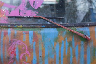 Windscreen wiper, colourfully painted vintage car, colour surface, Germany, Europe