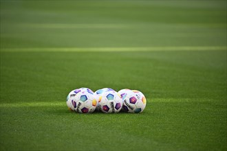 Adidas Derbystar match balls on the pitch, Allianz Arena, Munich, Bavaria, Germany, Europe