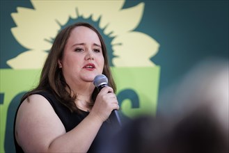 Ricarda Lang, Federal Chairwoman of Buendnis 90/DIE Gruenen, pictured at a press event in Berlin,