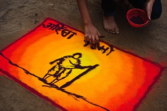 Rangoli representing the Mahatma Gandhi, ephemeral drawing from South Asia, Jharkhand, India, Asia