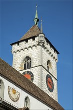 Bell tower of the town church of St John in the old town of Schaffhausen, Canton of Schaffhausen,