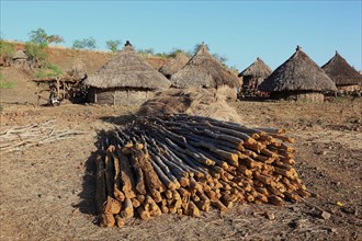 South Ethiopia, in a village of the Konso people, wooden poles and milled grain in front of the