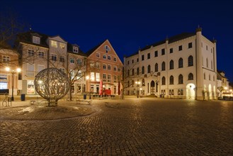 Illuminated buildings with town hall and museum, Neuer Markt, Blue Hour, Waren, Mueritz,