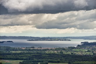 Distant view from the Hohentwiel fortress ruins to western Lake Constance with the island of