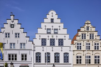 Gables of historic houses in Friedrichstadt, Nordfriesland district, Schleswig-Holstein, Germany,