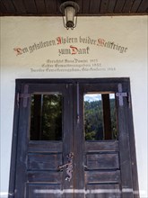 Entrance door, memorial for fallen soldiers, Alpler Heldenkapelle, Alpl, Styria, Austria, Europe