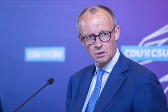 Friedrich Merz, CDU party chairman, recorded during a press statement in front of the parliamentary