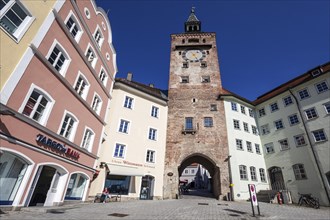 Main square with Huas facades and Schmalzturm, Landsberg am Lech, Upper Bavaria, Bavaria, Germany,
