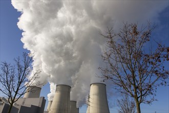 Steam rises from the cooling towers of the Vattenfall power plant in Jaenschwalde, power lines and
