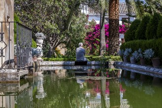 Senior citizen sitting by a pond in a beautiful park, Bornos, Andalusia, Spain, Europe