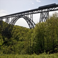 Muengsten Bridge with diesel railcar, highest railway bridge in Germany, Solingen, Bergisches Land,