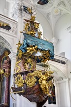The pulpit, former monastery church of St. Peter and Paul, Irsee monastery or abbey, former