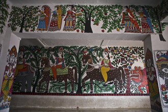 Madhubani style mural painting in a railway station, traditional art form, Bihar, India, Asia