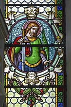 Colourful stained glass window, St. Theodorus, Kronburg branch church, Kronburg, Allgaeu, Swabia,