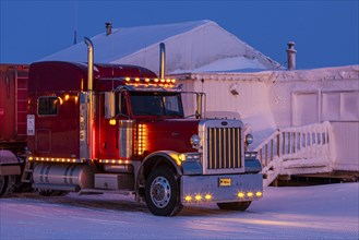 Typical American truck, lorry, winter, twilight, Deadhorse, Alaska, USA, North America