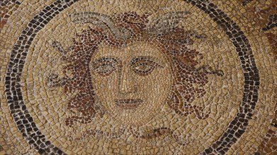Detailed and artistic antique mosaic of a female face surrounded by plants, head of Medusa,