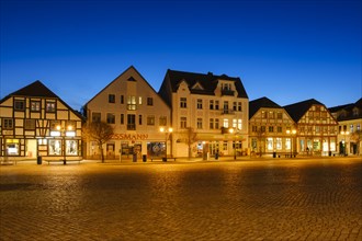 Illuminated buildings at the market, Neuer Markt, Blue Hour, Waren, Mueritz, Mecklenburg Lake