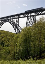 Muengsten Bridge with diesel railcar, highest railway bridge in Germany, Solingen, Bergisches Land,