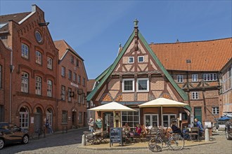 Half-timbered house, ice cream parlour, old town, Lauenburg, Schleswig-Holstein, Germany, Europe