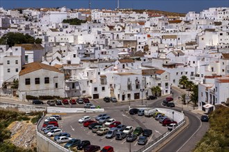 View from above of the houses in the white town of Vejer in the mountains, Andalusia, Spain, Europe