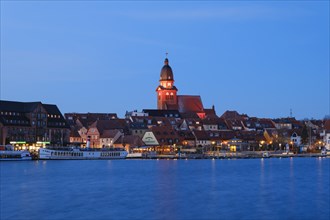 Town view of Lake Mueritz with St Mary's Church, Blue Hour, Waren, Mueritz, Mecklenburg Lake