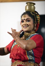Indian dancer, 40 years old, dancing Indian classical dance, close-up, Thekkady, Kerala, India,