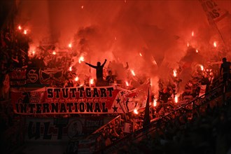 Bengalos, pyrotechnics, pyro, fireworks, fan block VfB Stuttgart, banner VfB Stuttgart