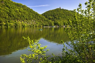 Lake Hengstey with a view of the Kaiser Wilhelm monument on the Syberg above the Ruhr in Dortmund,