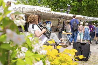 An accordion player entertains people at a market with stalls surrounded by flowers on a sunny day,
