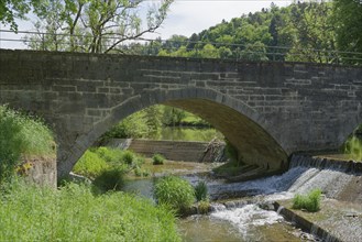 Stone bridge in Buehlertal, Buehler, river, bridge, Unterscheffach, Schwaebisch Hall, Hohenlohe,