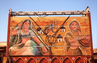 Painting at the rear of a truck, idealized scene in the Thar desert, Rajasthan, India, Asia