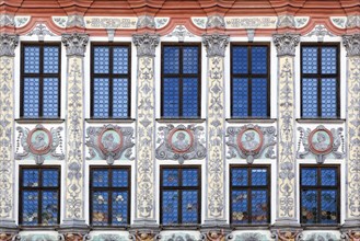 Detail of the historic town hall with a magnificent rococo facade on the main square, Landsberg am