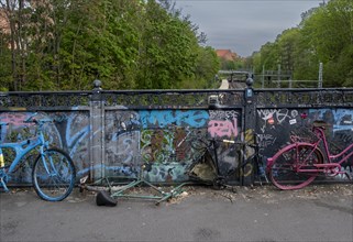 Germany, Berlin, 13.04.2024, Greifenhagener Bruecke, destroyed bicycles, suburban railway, Europe