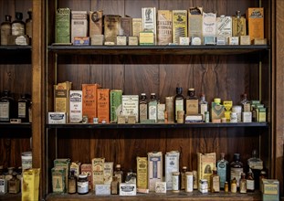 Fort Dodge, Iowa, Medicines on the shelves of Schwarz Drug Store at the Fort Museum and Frontier
