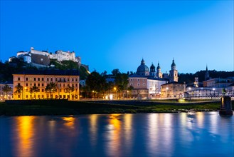 Hohensalzburg Fortress, Salzburg Cathedral, Old Town, Salzach, Blue Hour, City of Salzburg,