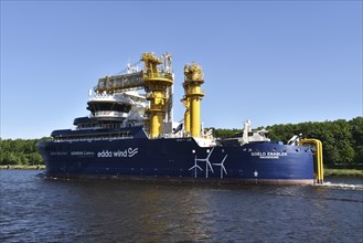 Offshore service vessel, specialised ship Goelo Enabler sails in the Kiel Canal, Kiel Canal,