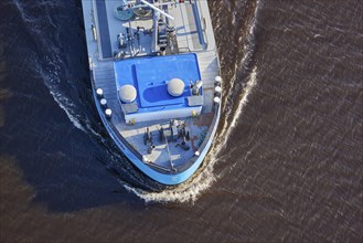 Bird's eye view of the bow of the tanker Imke Deymann on the Kiel Canal near Beldorf,