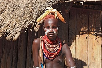 South Ethiopia, Omo region, among the Karo people, young woman, girl with jewellery and face