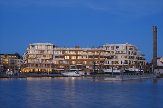 Apartment building on Lake Mueritz, Blue Hour, Waren, Mueritz, Mecklenburg Lake District,